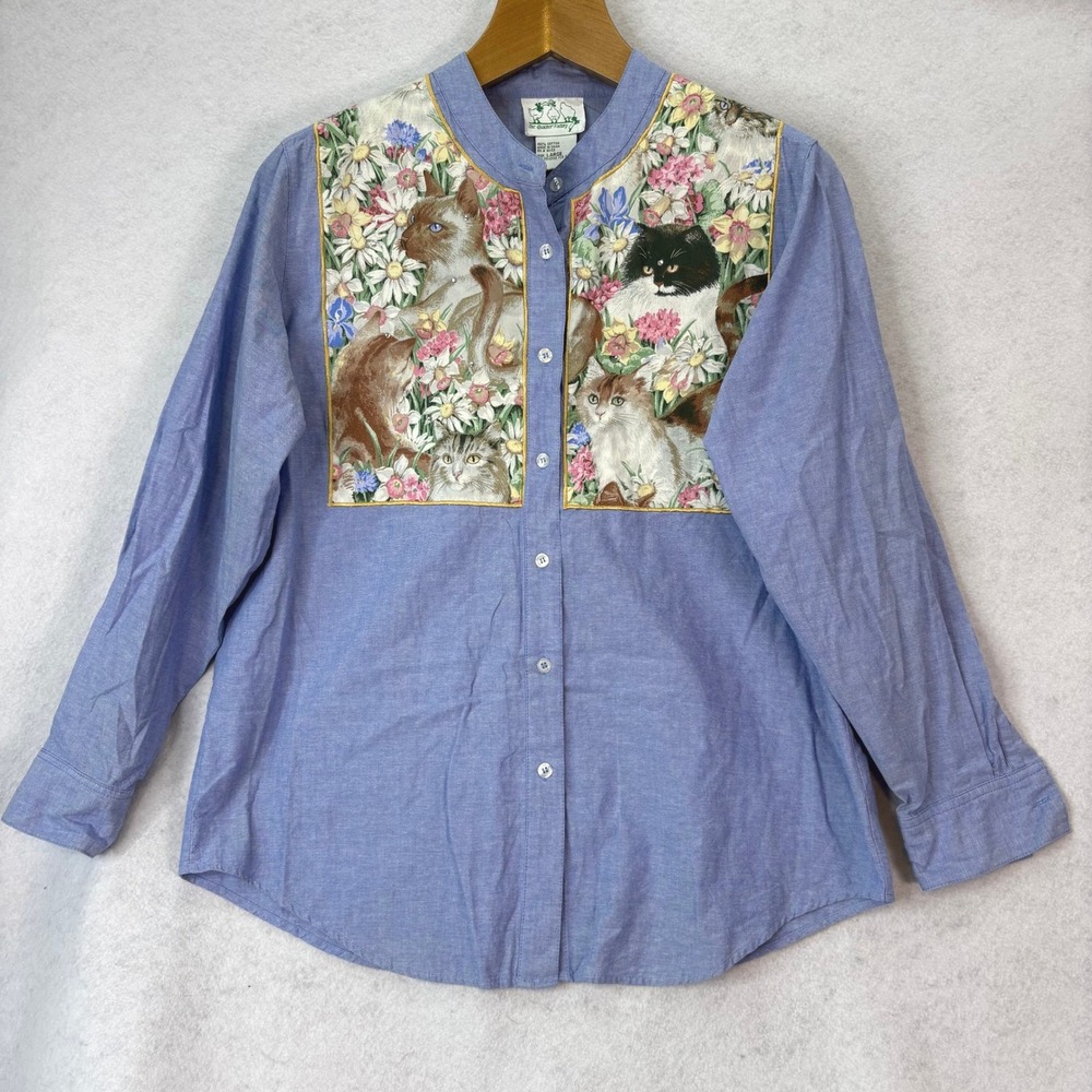 Quacker Factory Cat Floral Graphic Button Up Shirt Sz L Kitschy Grandma Cottage